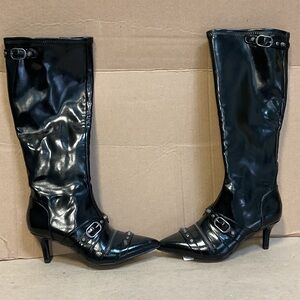 Wild Pair Shiny Black Buckle Knee High Heeled Boots
